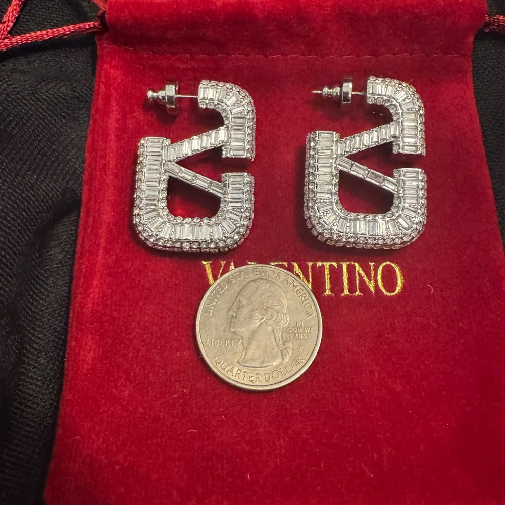 Valentino V Logo Silver Crystal Baguette Earrings - Picture 1 of 7